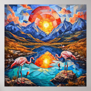 Poster Lago de montanha e paisagem de flamingo