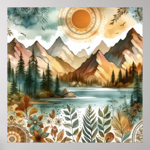 Poster Lago de Montanha Rústico Boho Ensolarado Padrão Na
