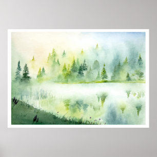 Poster Lago de névoa de aquarela