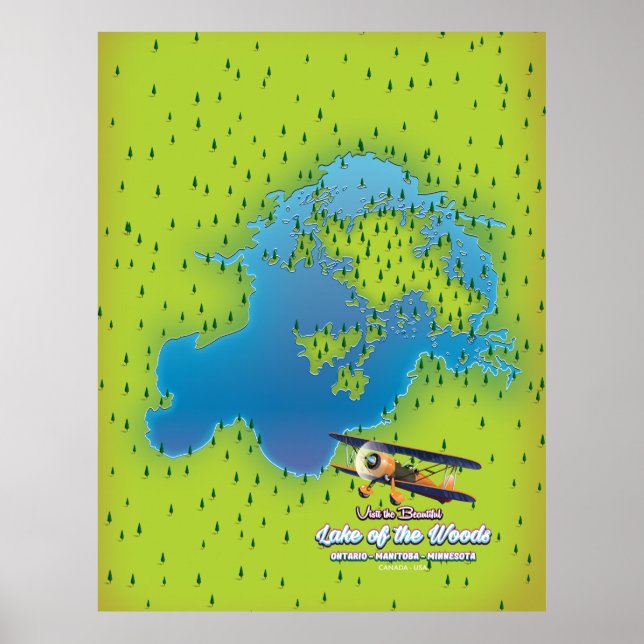 Poster Lago dos Woods,Ontario,Manitoba,mapa de Minnesota (Frente)