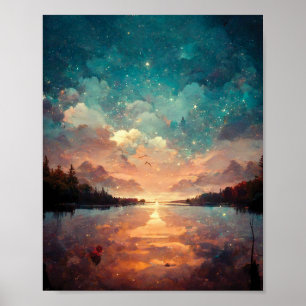 Poster Lago Dreamlike E Sunset Pintura paisagística