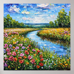 Poster Lago e campo de flores Paisagem Serena da Natureza