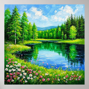 Poster Lago em Floresta Exuberante para Decoração de Lar 