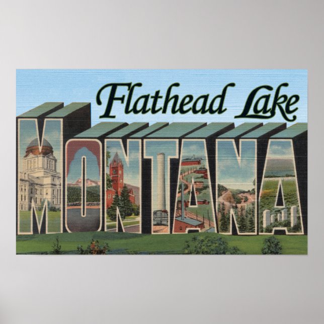 Póster Lago Flathead, Montana - Cenas com Grandes Letras (Frente)