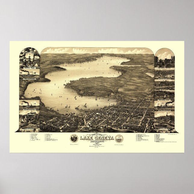 Poster Lago Genebra, Mapa Panorâmico da I WI - 1882 (Frente)