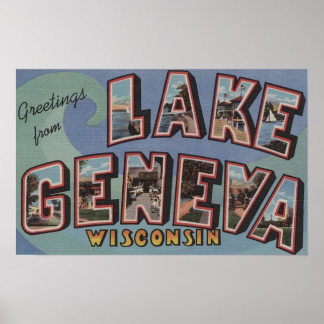 Póster Lago Genebra, Wisconsin - Cenas com Letras Grandes (Frente)