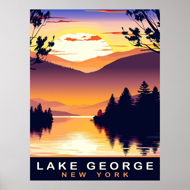 Poster Lago George, NY, Pôr do Sol Romântico, Viagem (Frente)