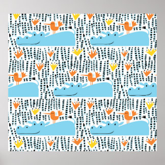 Poster Lago Hippos Birds: Padrão Vintage.