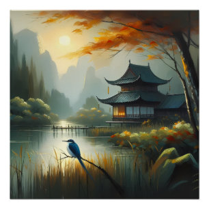 Póster Lago Japão Pássaro 1 - Tela