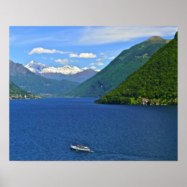 POSTER LAGO LUGANO, BARCO, MONTANHAS NO FUNDO (Frente)
