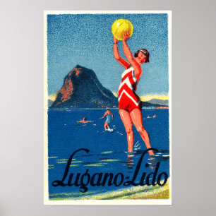 Poster Lago Lugano, praia, garota com bola de praia, safr