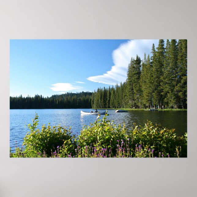 Poster Lago Montanha, Canoa, Flores Selvagens (Frente)