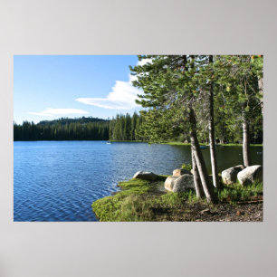 Póster Lago Montanha, Pinheiros Árvores, Barco