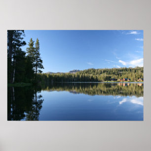 Póster Lago mountain, floresta, cabines, crepúsculo