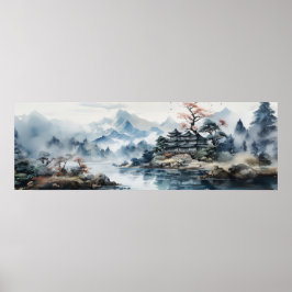 Poster Lago Mountain, Paisagem com Aquarela Japonesa