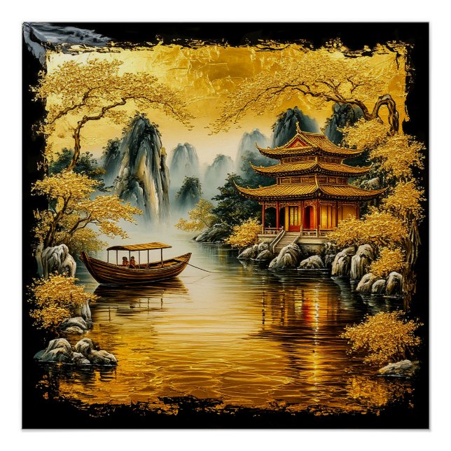 Póster Lago Oriental Dourado com uma Pagode (Frente)