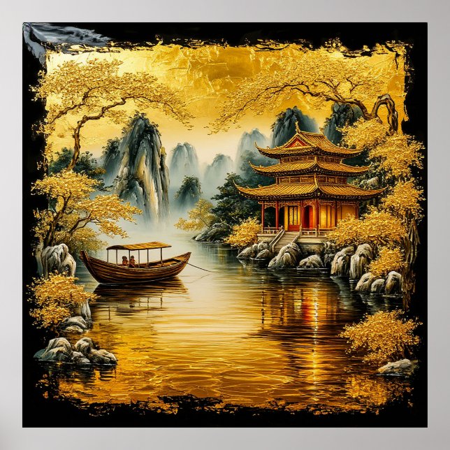 Poster Lago Oriental Dourado com uma Pagode (Frente)