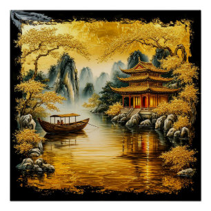 Póster Lago Oriental ouro com Pagoda