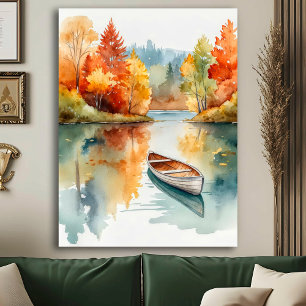 Poster Lago Rustic de Watercolor Autumn com Rowboat & Árv