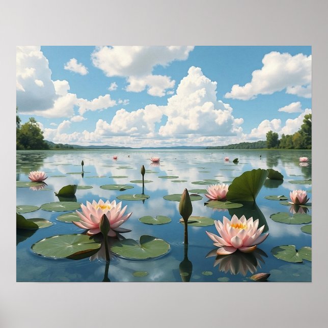Poster Lago Silencioso com Flores de Água e Céu Nublado (Frente)