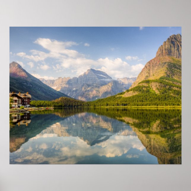 Póster Lago Swiftcurrent com hotel Many Glacier e (Frente)