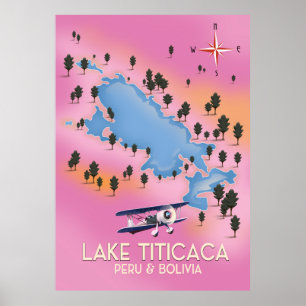 Poster Lago Titicaca, peru, mapa do lago Bolívia viagem a