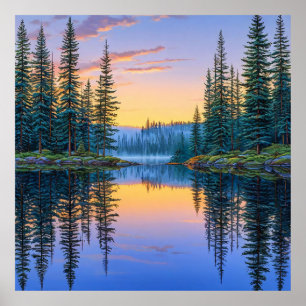 Poster Lago Tranquilo da Floresta ao Pôr do Sol