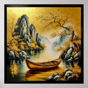 Poster Lago Tranquilo Dourado com Natureza Cénica