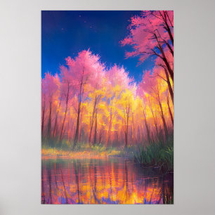 Poster Lago Tranquilo Embriado por Árvores Altas