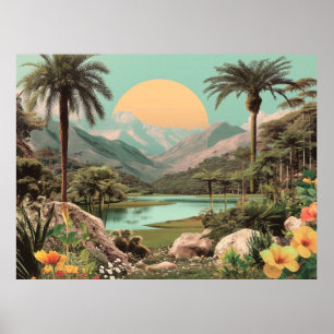 Poster Lago Tropical Surrealista com Palmeiras