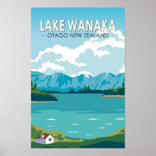 Poster Lago Wanaka Otago Nova Zelândia Viagem Art Vintage