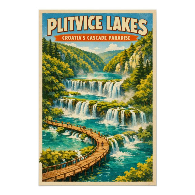 Póster Lagos de Plitvice, Croácia, em um clássico retro d (Frente)