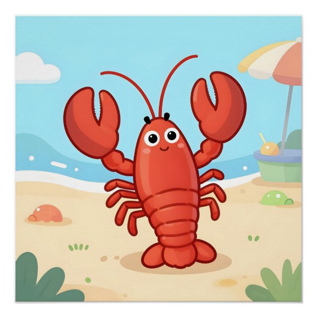 Póster Lagosta fofa na praia (Frente)