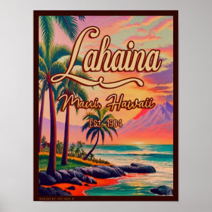 Poster Lahaina Maui Hawaii Retro Sunset Souvenir 1950