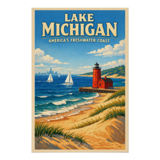 Póster Lake Michigan, USA, in a classic retro travel