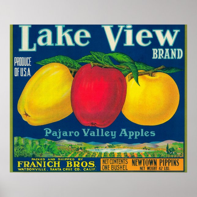 Póster Lake View Apple Label - Watsonville, CA (Frente)