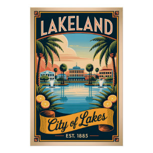 Póster Lakeland Antiga Cidade dos Lagos da Flórida Retro
