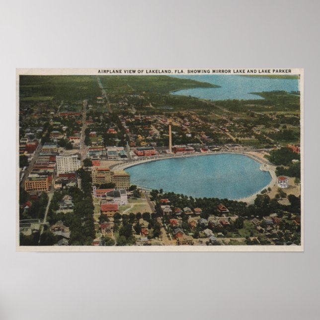 Póster Lakeland, Flórida - Vista aérea da cidade mostrand (Frente)