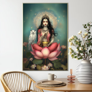 Poster Lakshmi Deusa Hindu da Prosperidade Coruja Lótus