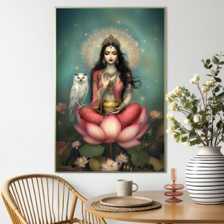 Poster Lakshmi Deusa Hindu da Prosperidade Coruja Lótus
