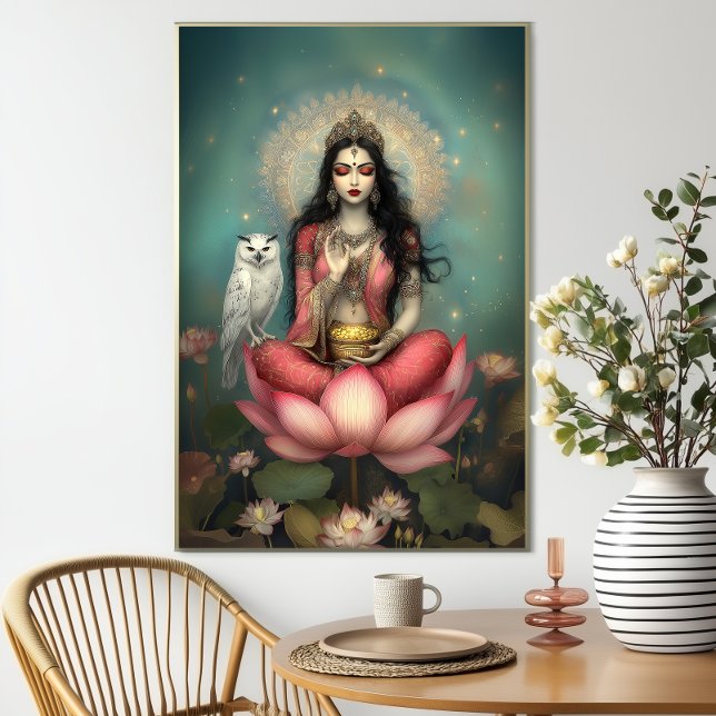 Poster Lakshmi Hindu Goddess of Prosperity Owl Lotus (Criador carregado)