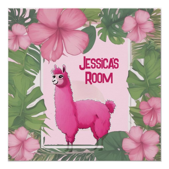 Póster Lama Sorridente Feliz Rosa (Frente)