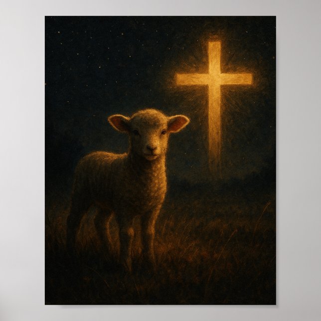Poster Lamb Sob a Arte Cruzada da Cena da Noite Cristã (Frente)