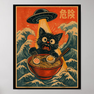 Poster Lamen Gato Preto Alien Ufo Divertido Japonês Kawai