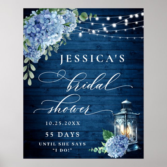 Poster Lâmpada de Hidrangea Azul Madeira Boho Chá de Noiv (Frente)