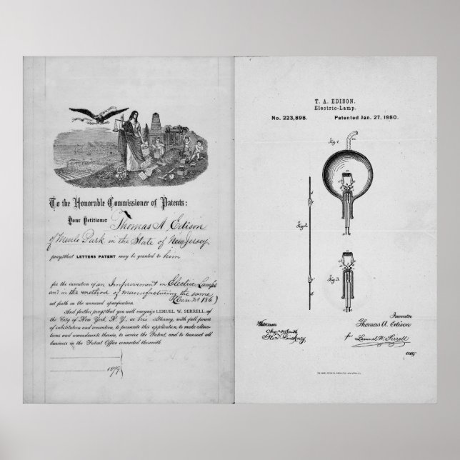 Poster Lâmpada Incandescente por Thomas Edison Patent (Frente)