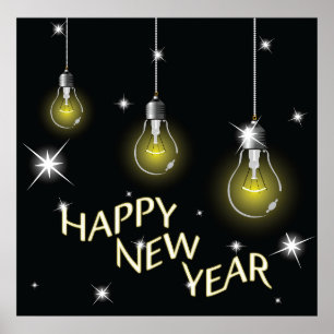 Poster Lâmpadas Modernas Brilhantes Feliz Ano Novo