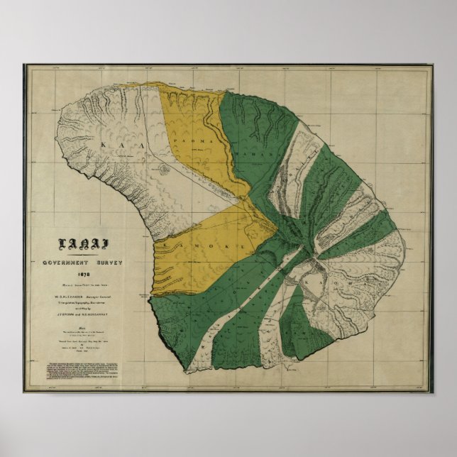 Póster Lanai, 1878, Vintage Hawaii Map (Frente)