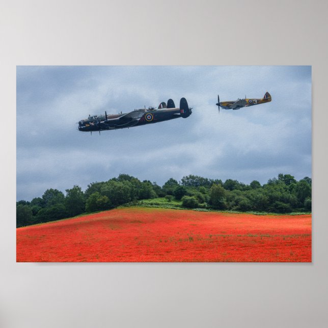 Poster Lancaster Bomber E Hawker Furacão Voando (Frente)