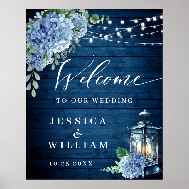 Poster Lanterna Floral de Hydrangea Azul Bem-vindo Casame (Frente)